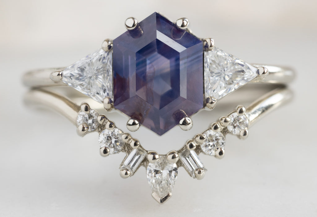 The Jade Ring with a Bicolor Hexagon Sapphire with Geometric Diamond Stacking Band