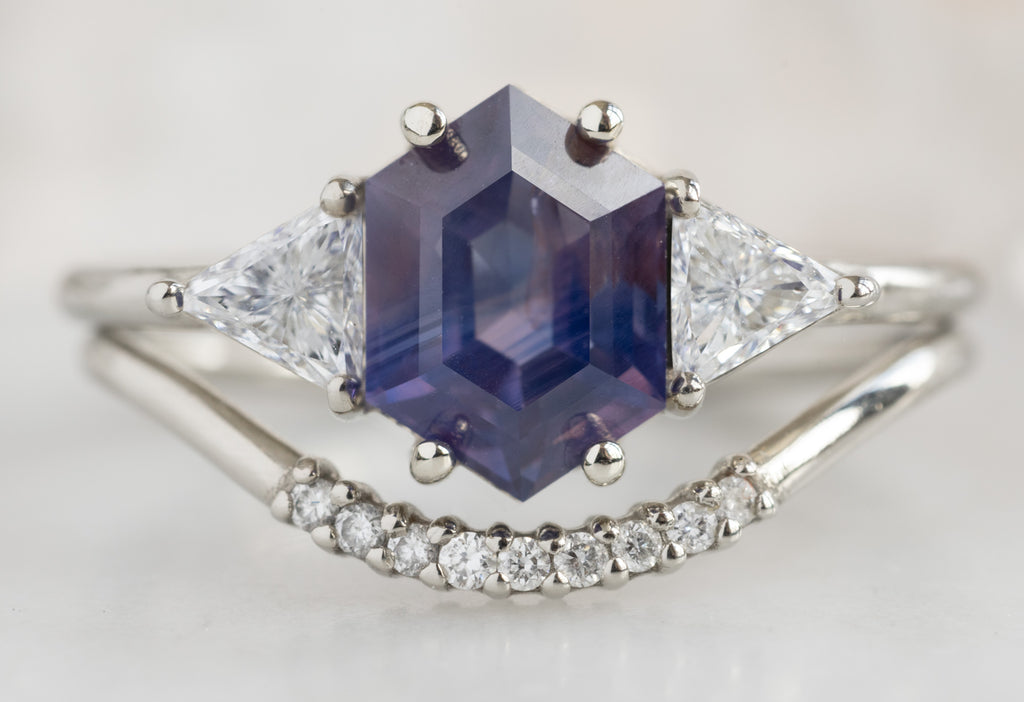 The Jade Ring with a Bicolor Hexagon Sapphire with Pave Arc Stacking Band