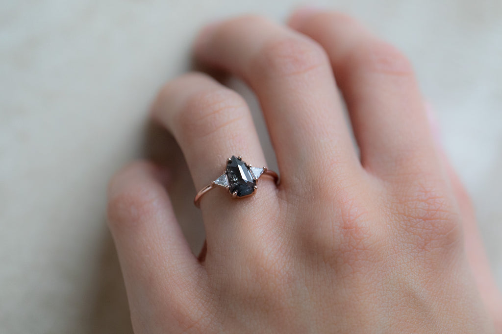 The Jade Ring with a Black Shield-Cut Diamond on Model