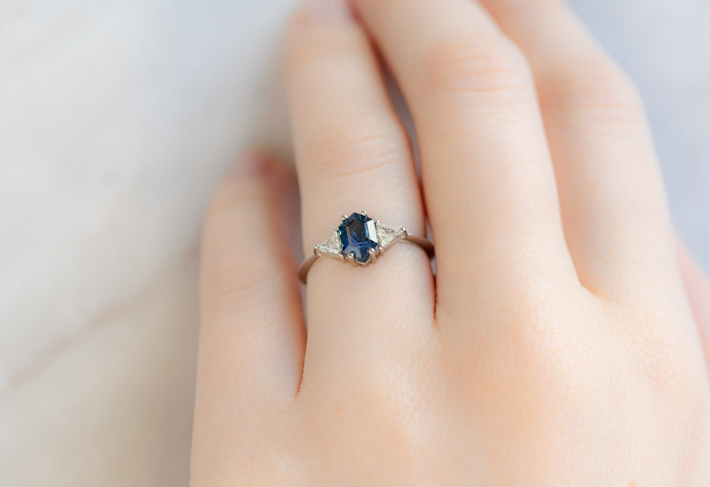 The Jade Ring with a Blue Sapphire Hexagon on Model