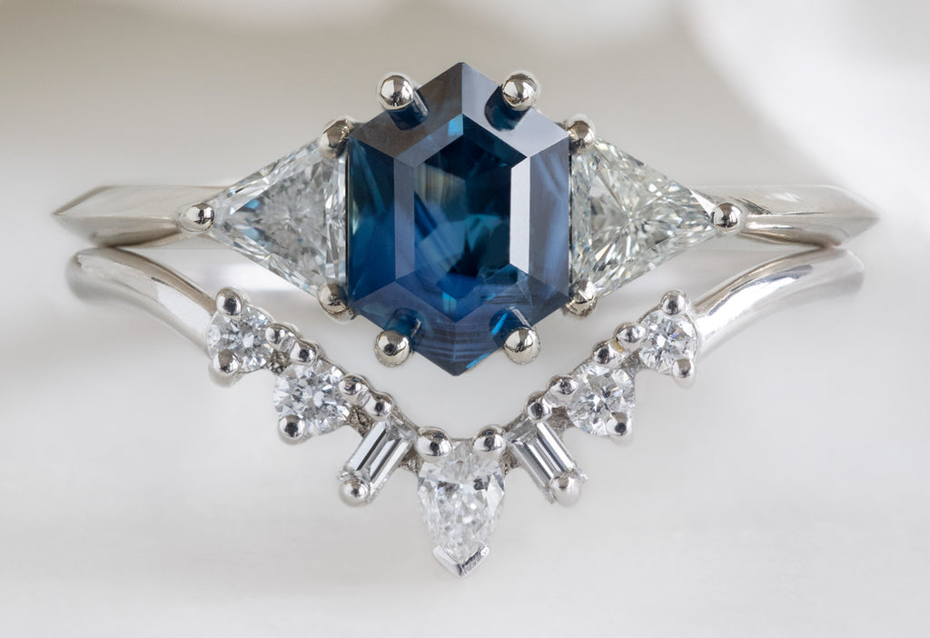 The Jade Ring with a Blue Sapphire Hexagon with Geometric White Diamond Sunburst