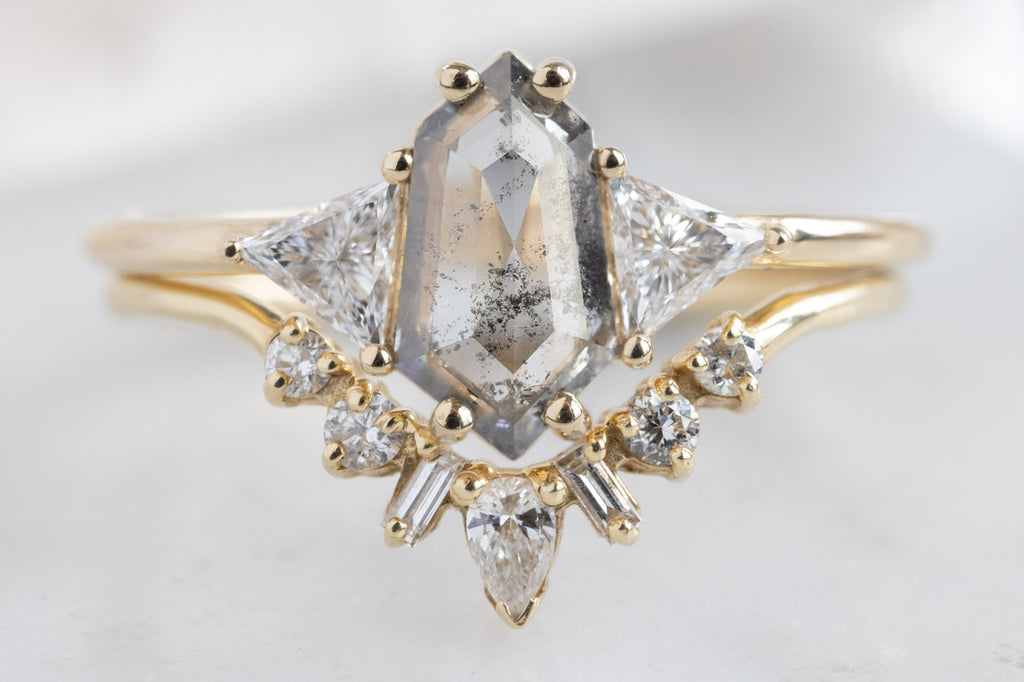 The Jade Ring with a Geometric Salt and Pepper Diamond with Stacking Band