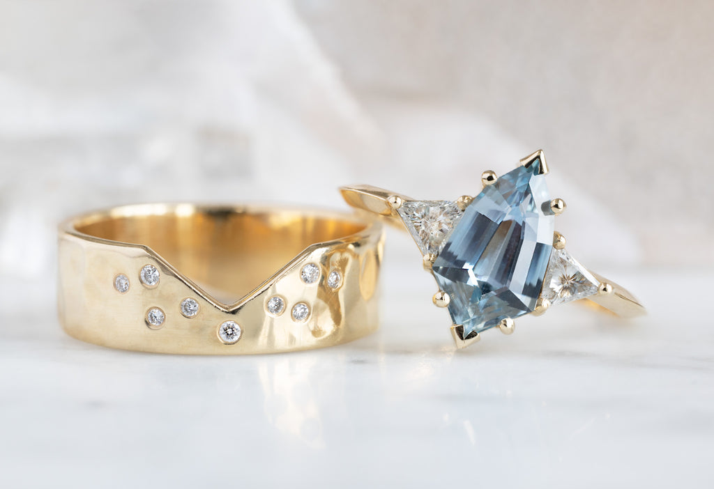 The Jade Ring with a Geometric Sapphire with Stacking Band