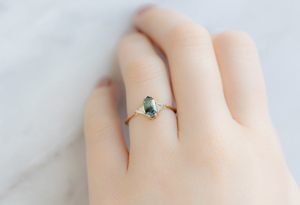 The Jade Ring with a Hexagon Parti Sapphire on Model