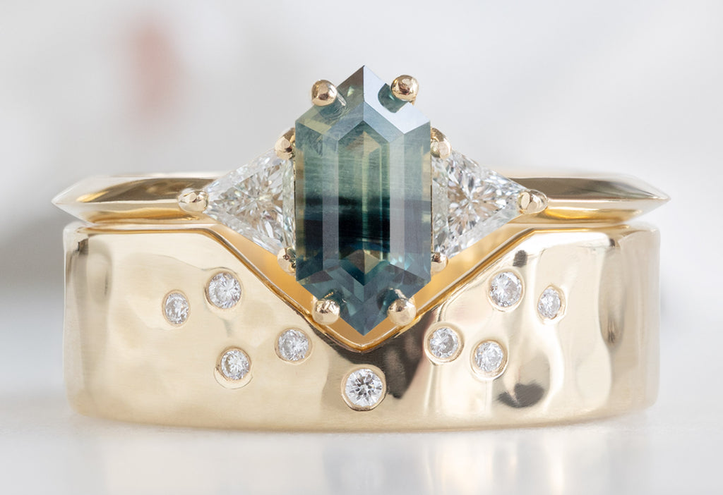 The Jade Ring with a Hexagon Parti Sapphire with Constellation Cut-Out Stacking Band