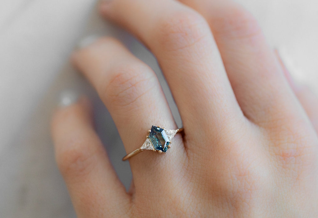 The Jade Ring with a Montana Sapphire Hexagon on Model