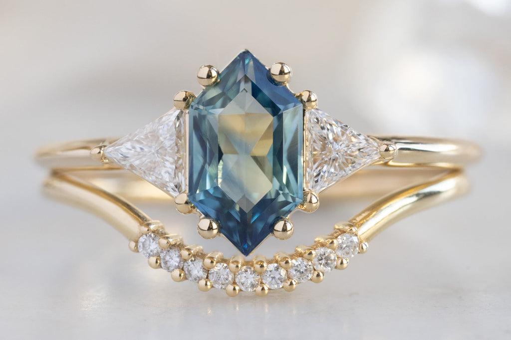 The Jade Ring with a Montana Sapphire Hexagon with Stacking Band