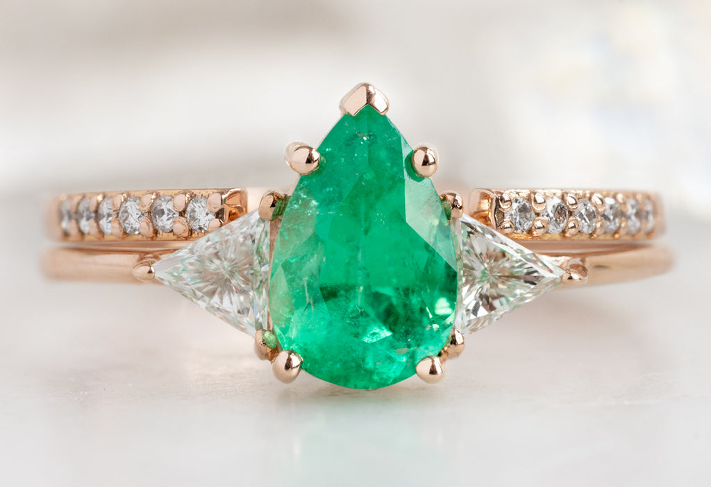 The Jade Ring with a Pear-Cut Emerald with Open Cuff Pavé Stacking Band