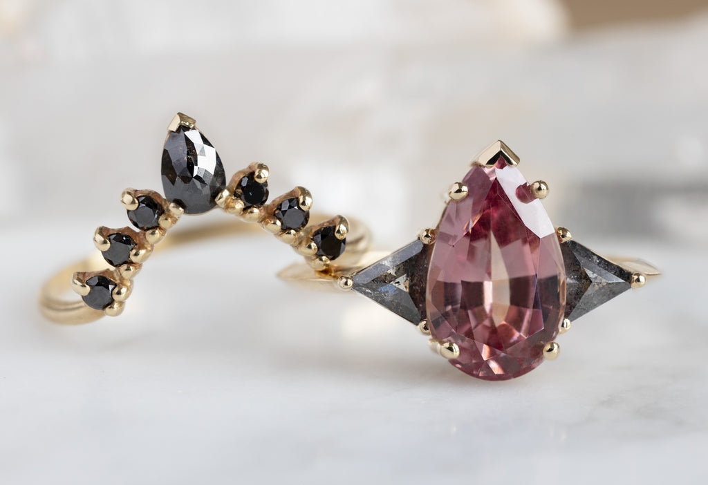 The Jade Ring with a Pear-Cut Malaya Garnet with Stacking Band