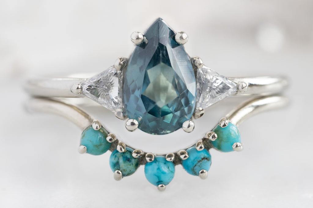 The Jade Ring with a Pear-Cut Montana Sapphire with Turquoise Stacking Band