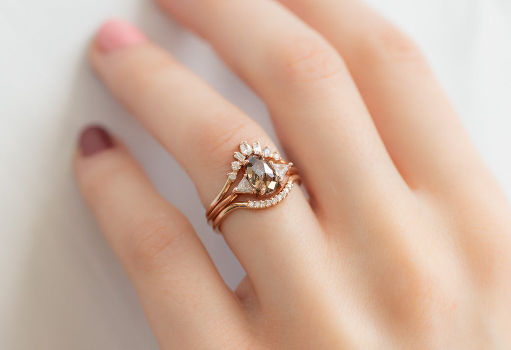 The Jade Ring with a Rose-Cut Red Diamond with White Diamond Stacking Rings on Model