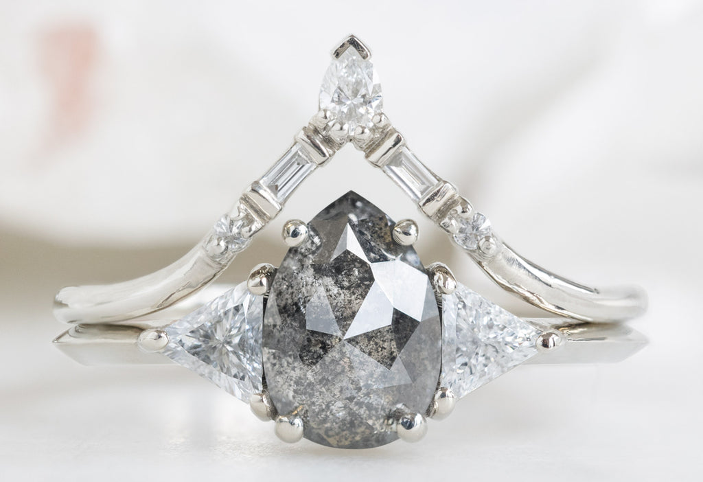 The Jade Ring with a Rose-Cut Black Diamond with White Diamond Tiara Stacking Band