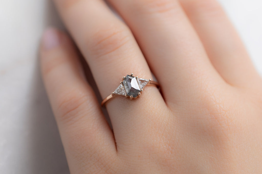 The Jade Ring with a Salt and Pepper Hexagon Diamond on Model