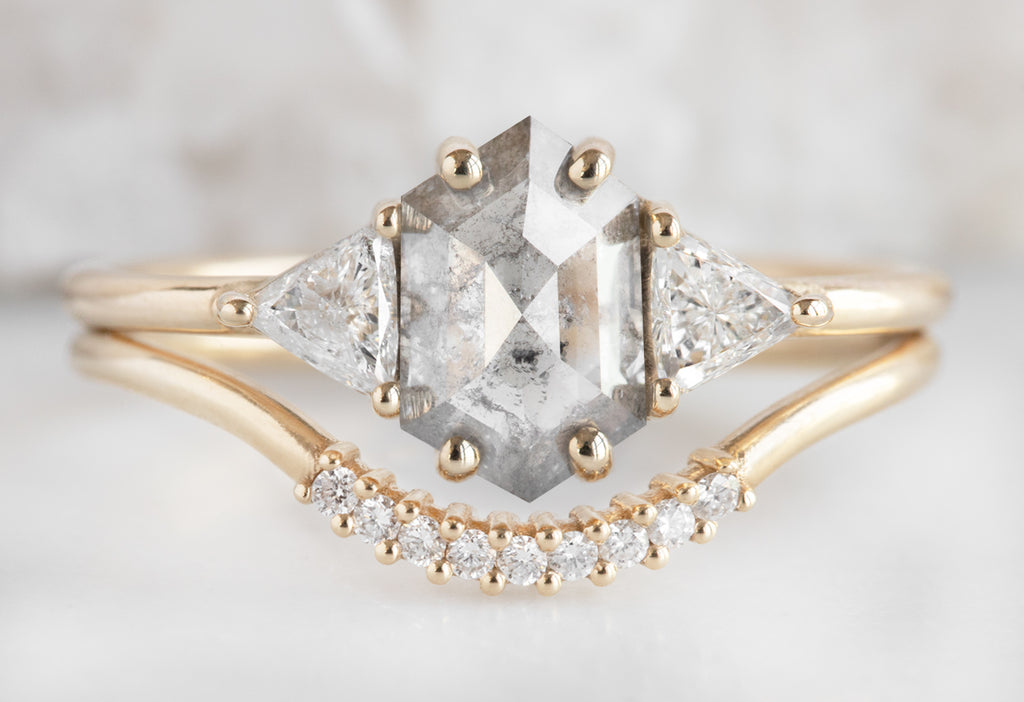 The Compass Ring with a Round Salt and Pepper Diamond with Stacking Band