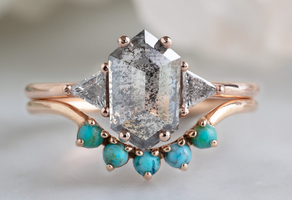 The Jade Ring with a Salt and Pepper Hexagon Diamond with Stacking Band