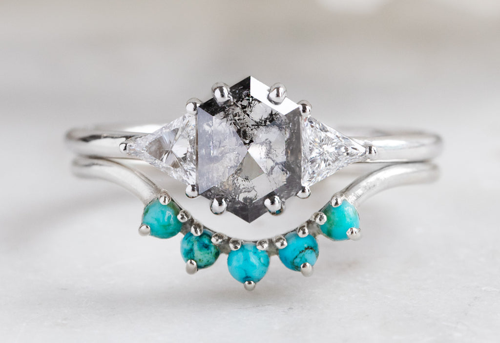 The Jade Ring with a Salt and Pepper Hexagon Diamond with Stacking Band