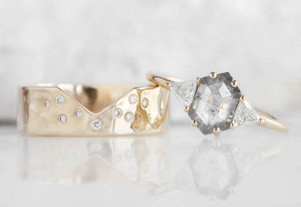 The Compass Ring with a Round Salt and Pepper Diamond with Stacking Band
