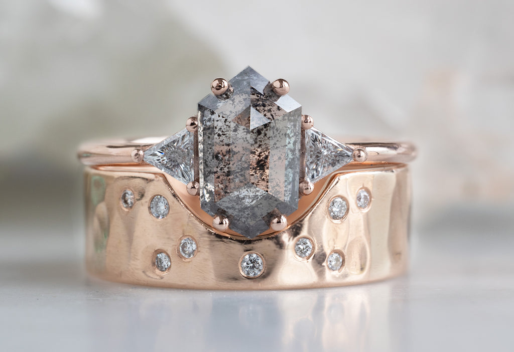 The Jade Ring with a Salt and Pepper Hexagon Diamond with Stacking Band