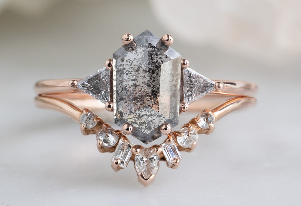 The Jade Ring with a Salt and Pepper Hexagon Diamond with Stacking Band