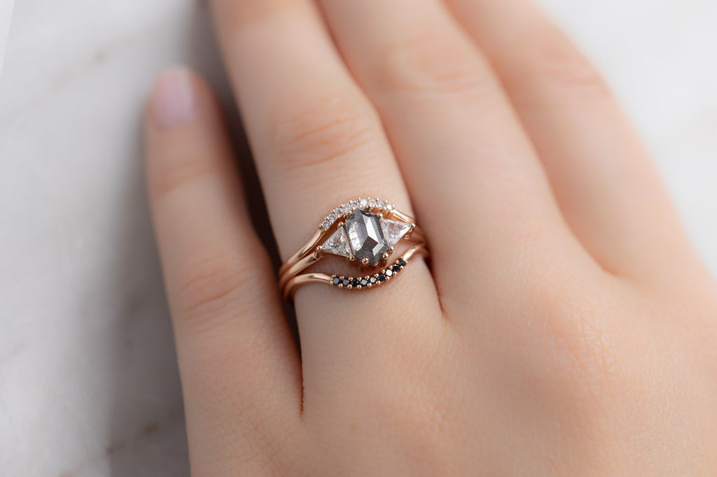 The Jade Ring with a Salt and Pepper Hexagon Diamond with Stacking Bands on Model