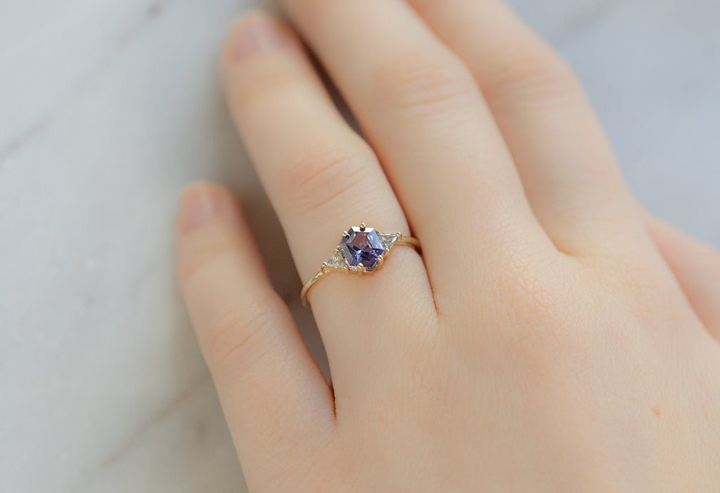 The Jade Ring with a Violet Sapphire on Model
