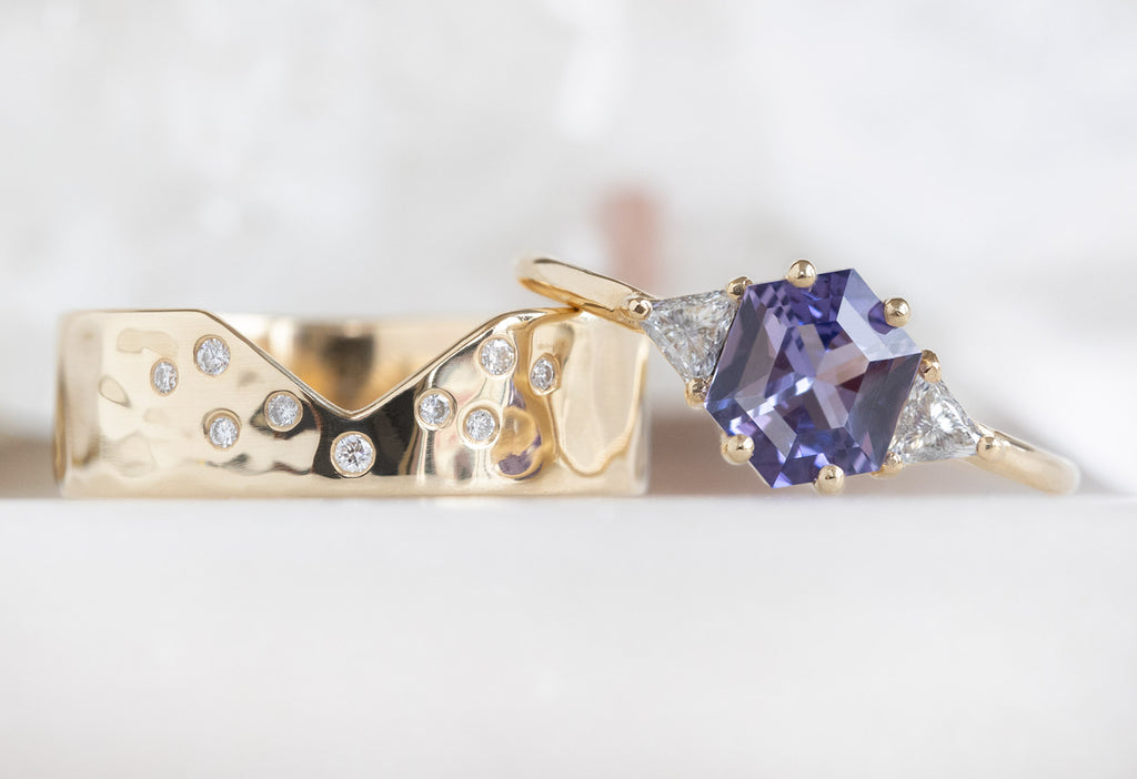 The Jade Ring with a Violet Sapphire with Constellation Cut-Out Stacking Band