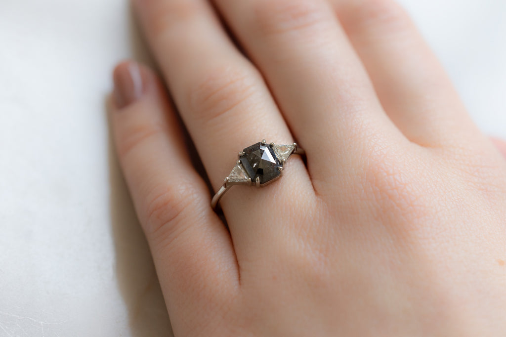 The Jade Ring with an Emerald Cut Black Diamond on Model
