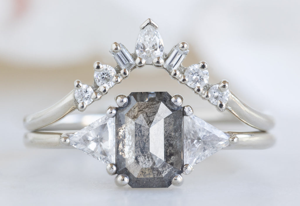 The Jade Ring with an Emerald-Cut Black Diamond with White Diamond Geometric Sunburst Stacking Band