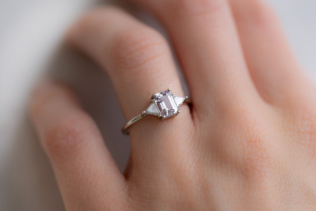 The Jade Ring with an Emerald-Cut Pink Sapphire on Model