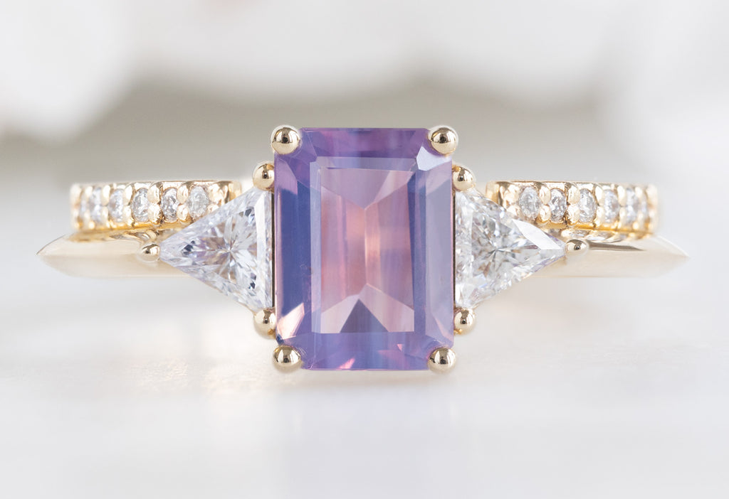 The Jade Ring with an Emerald-Cut Orchid Sapphire with Open Cuff Pavé Stacking Band