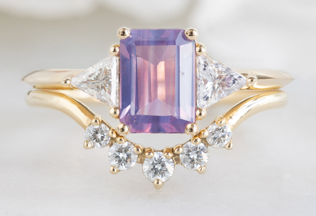The Jade Ring with an Emerald-Cut Orchid Sapphire with Round White Diamond Sunburst Stacking Band