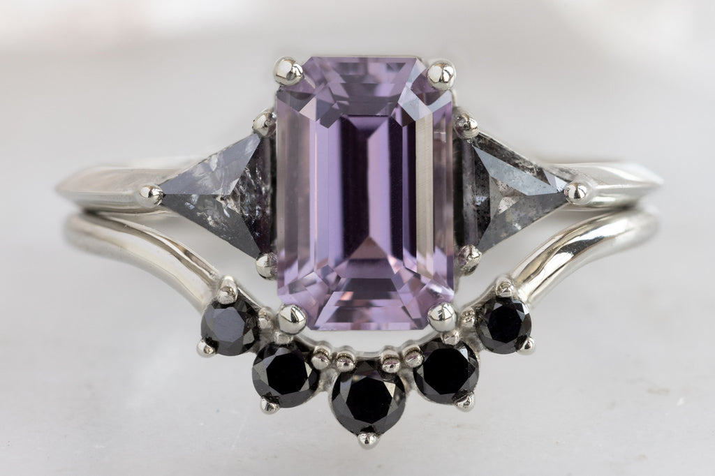 The Jade Ring with an Emerald-Cut Purple Sapphire with Black Diamond Wedding Band