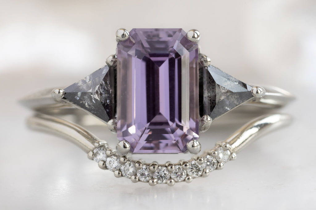 The Jade Ring with an Emerald-Cut Purple Sapphire with White Diamond Stacking Band