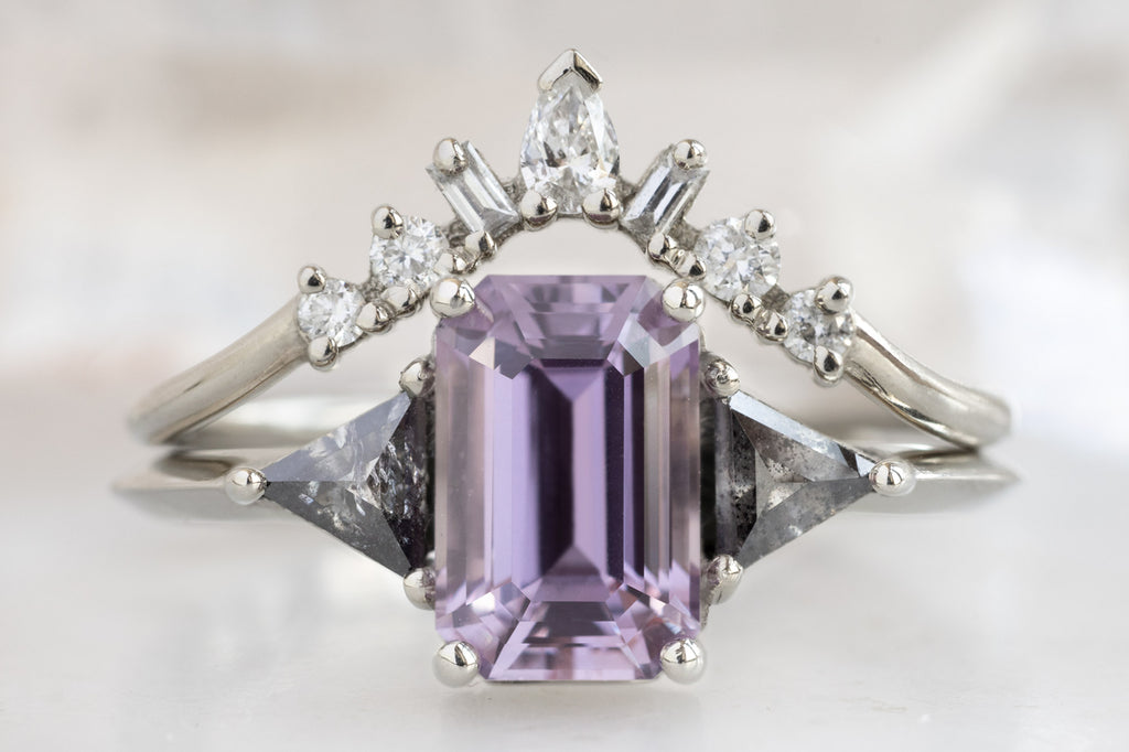 The Jade Ring with an Emerald-Cut Purple Sapphire with White Diamond Stacking Band