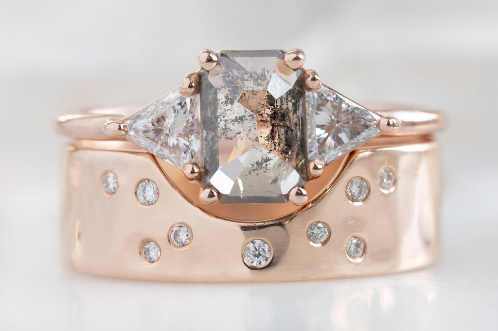 The Jade Ring with an Emerald-Cut Salt and Pepper Diamond with Stacking Band