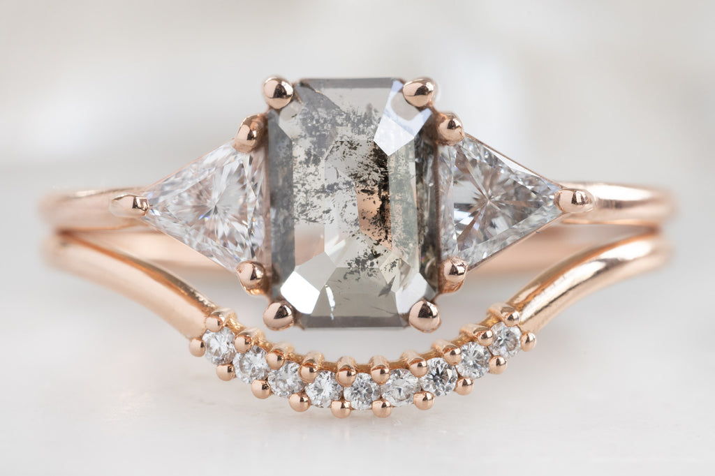 The Jade Ring with an Emerald-Cut Salt and Pepper Diamond with Stacking Band
