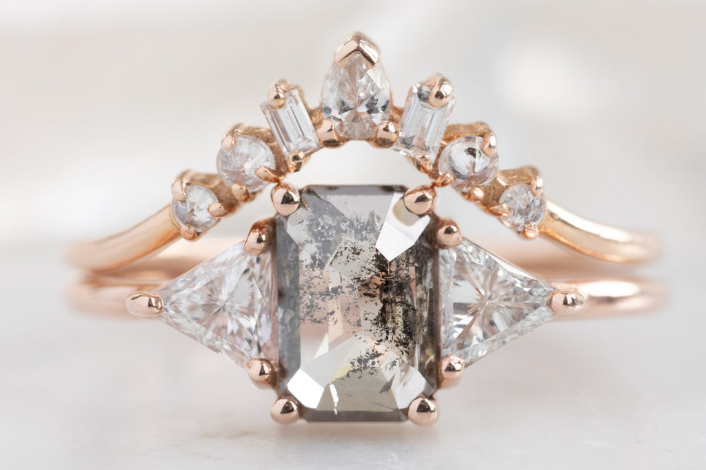 The Jade Ring with an Emerald-Cut Salt and Pepper Diamond with Stacking Band