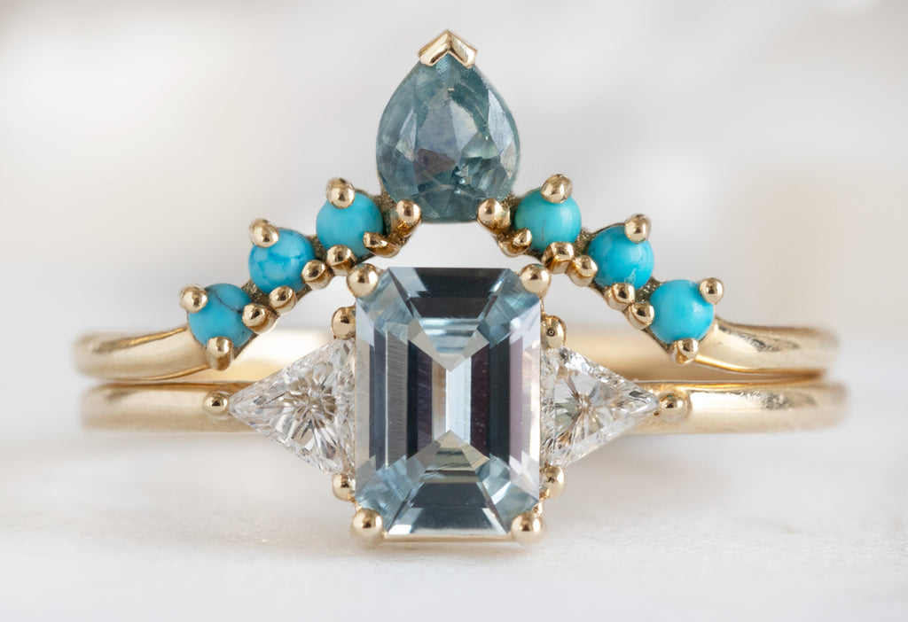The Jade Ring with an Emerald-Cut Sapphire with Turquoise and SapphireWedding Band