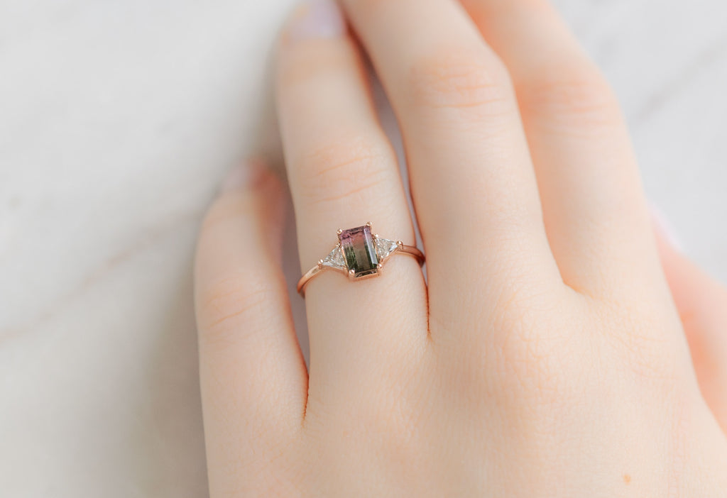 The Jade Ring with an Emerald-Cut Watermelon Tourmaline on Model