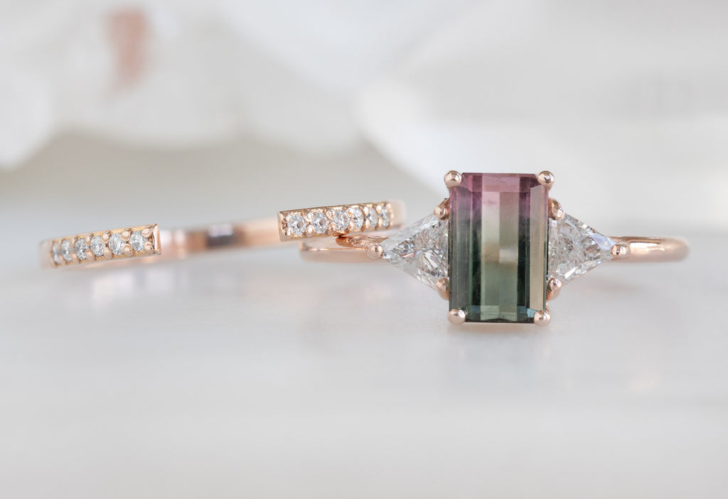 The Jade Ring with an Emerald-Cut Watermelon Tourmaline with Open Cuff Pavé Stacking Band