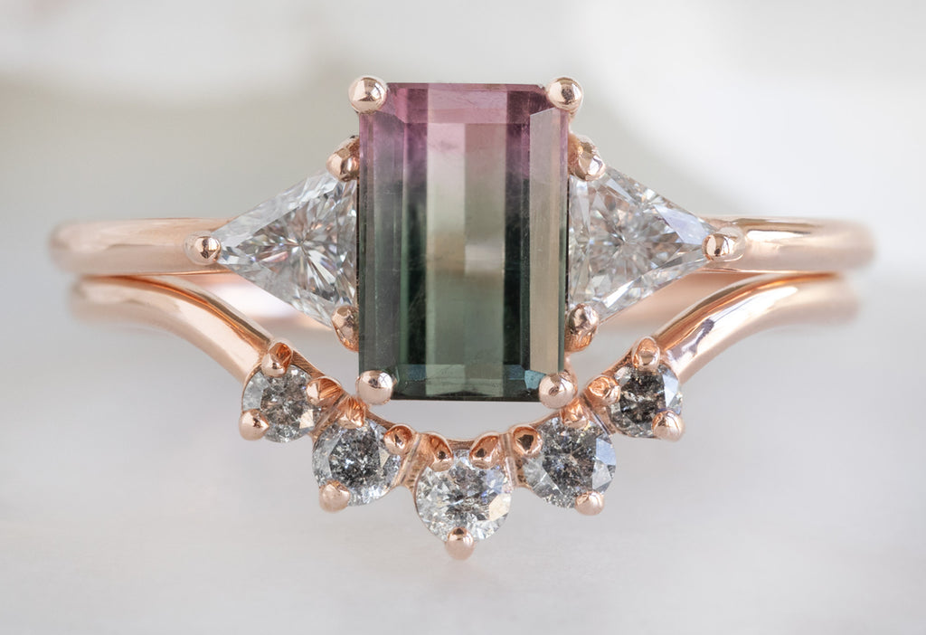 The Jade Ring with an Emerald-Cut Watermelon Tourmaline with Round Diamond Sunburst Stacking Band