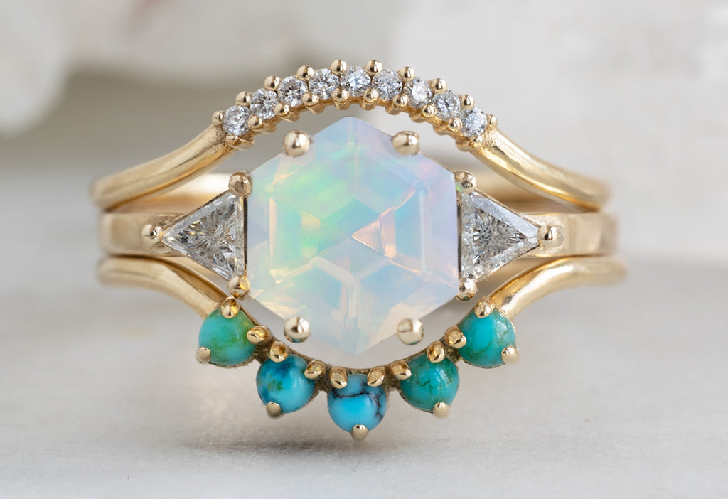 The Jade Ring with an Opal Hexagon with Stacking Bands