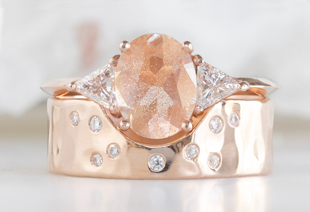 The Jade Ring with an Oval-Cut Sunstone with Constellation Cut-Out Band Stacking Bands