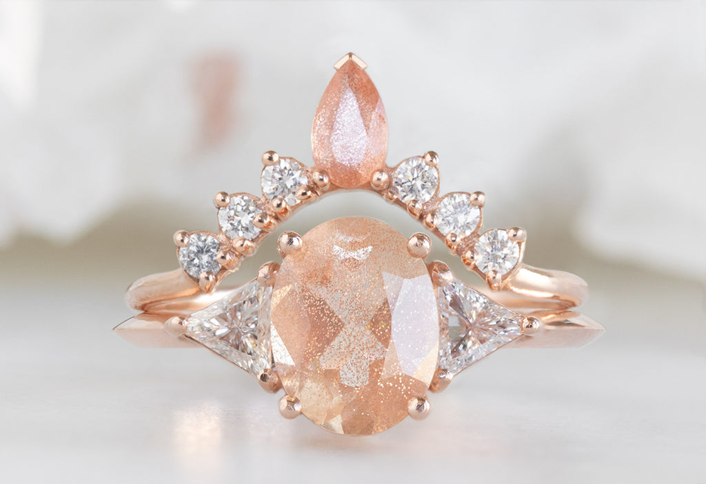 The Jade Ring with an Oval-Cut Sunstone with Sunstone and Diamond Sunburst Stacking Band