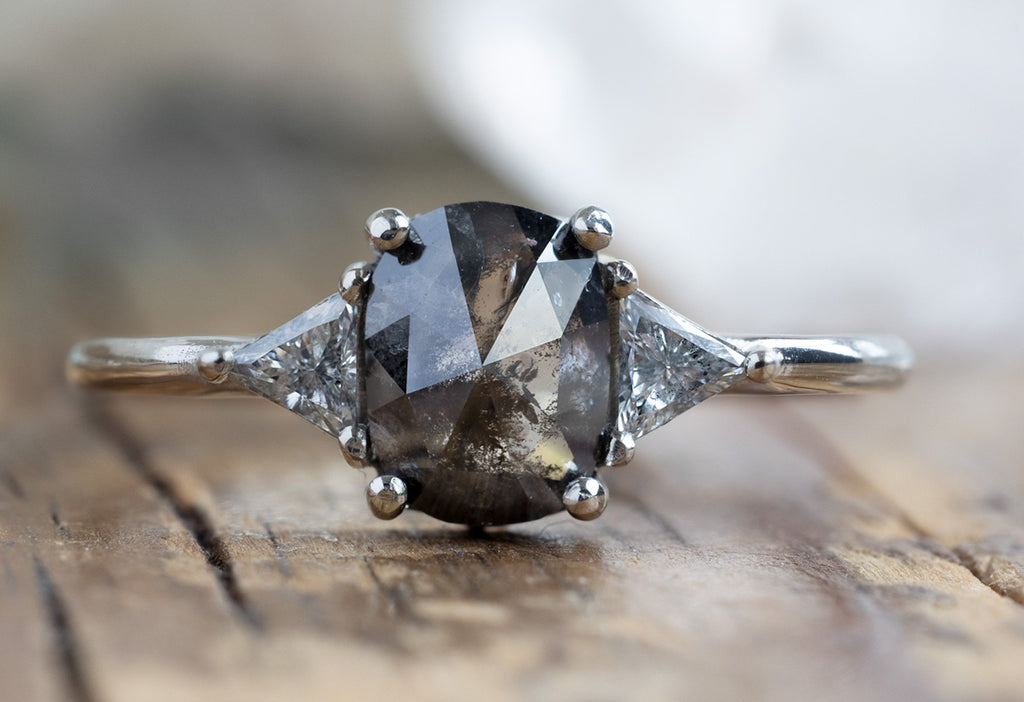The Jade Ring with a Salt and Pepper Cushion-Cut Diamond