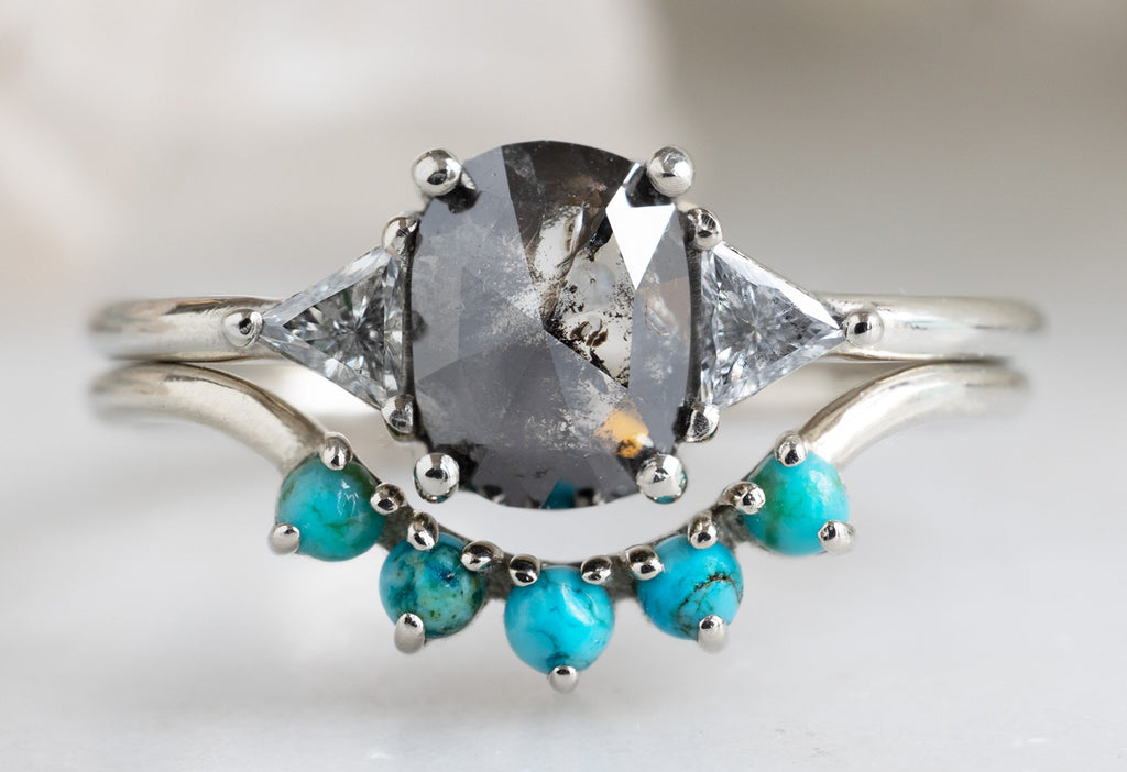 The Jade Ring with a Salt and Pepper Cushion-Cut Diamond with Stacking Band