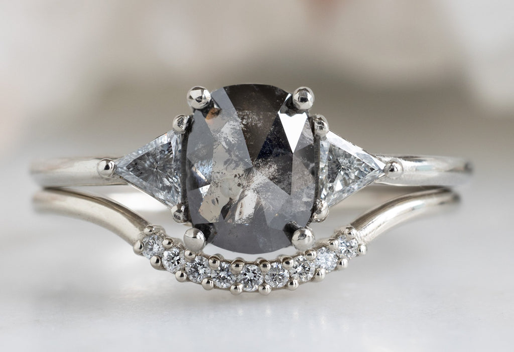 The Jade Ring with a Salt and Pepper Cushion-Cut Diamond with Stacking Band