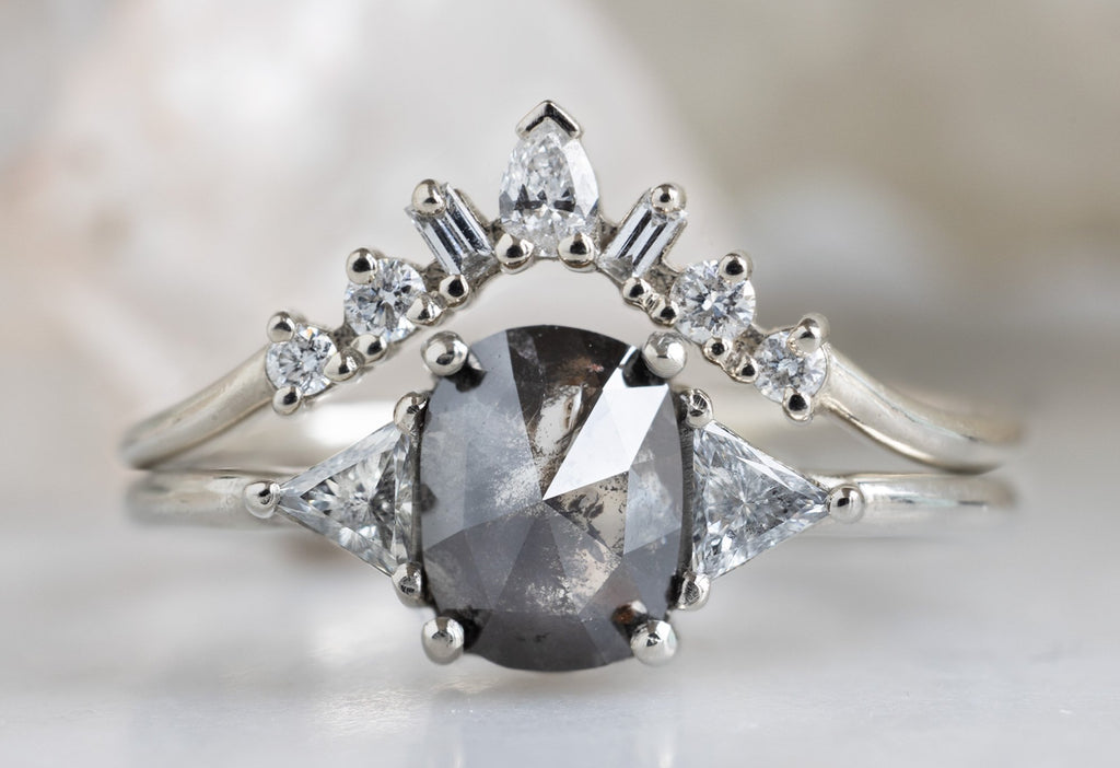 The Jade Ring with a Salt and Pepper Cushion-Cut Diamond with Stacking Band
