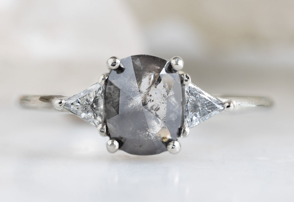 The Jade Ring with a Salt and Pepper Cushion-Cut Diamond