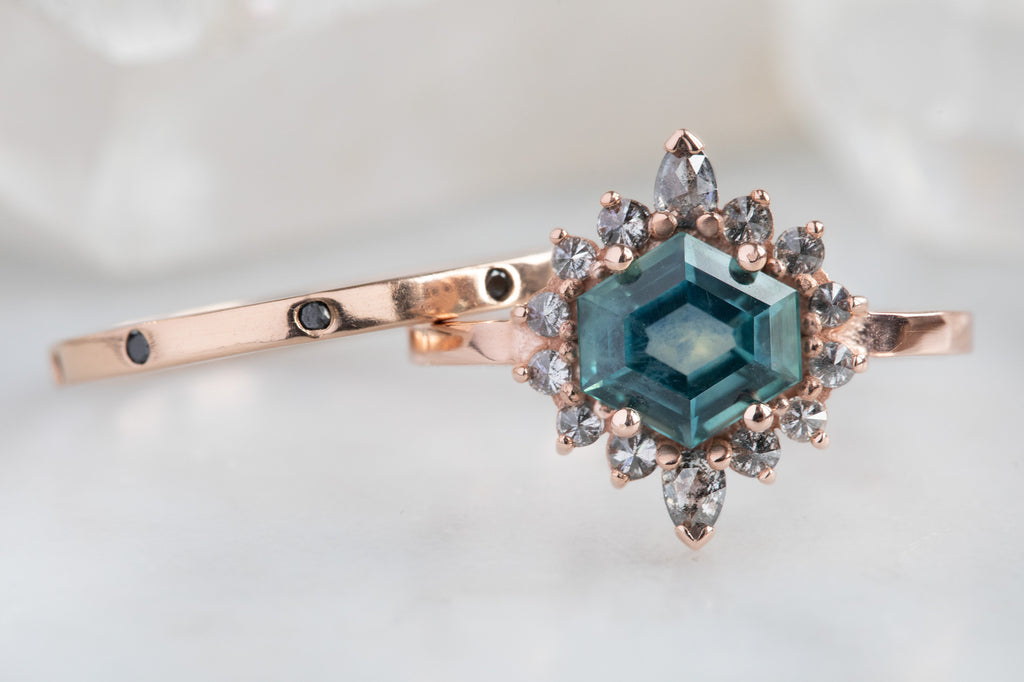 The Lotus Ring With a Hexagon Montana Sapphire With Stacking Band